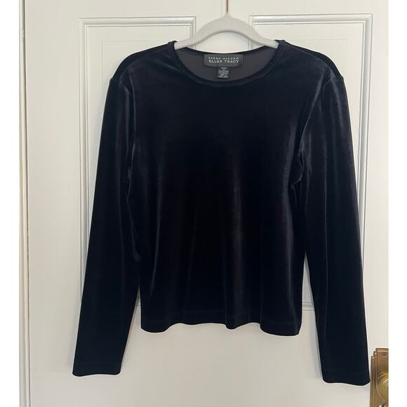 Linda Allard Ellen Tracy Women's 12 P Black Velvet Crewneck Top Blouse - Picture 1 of 9